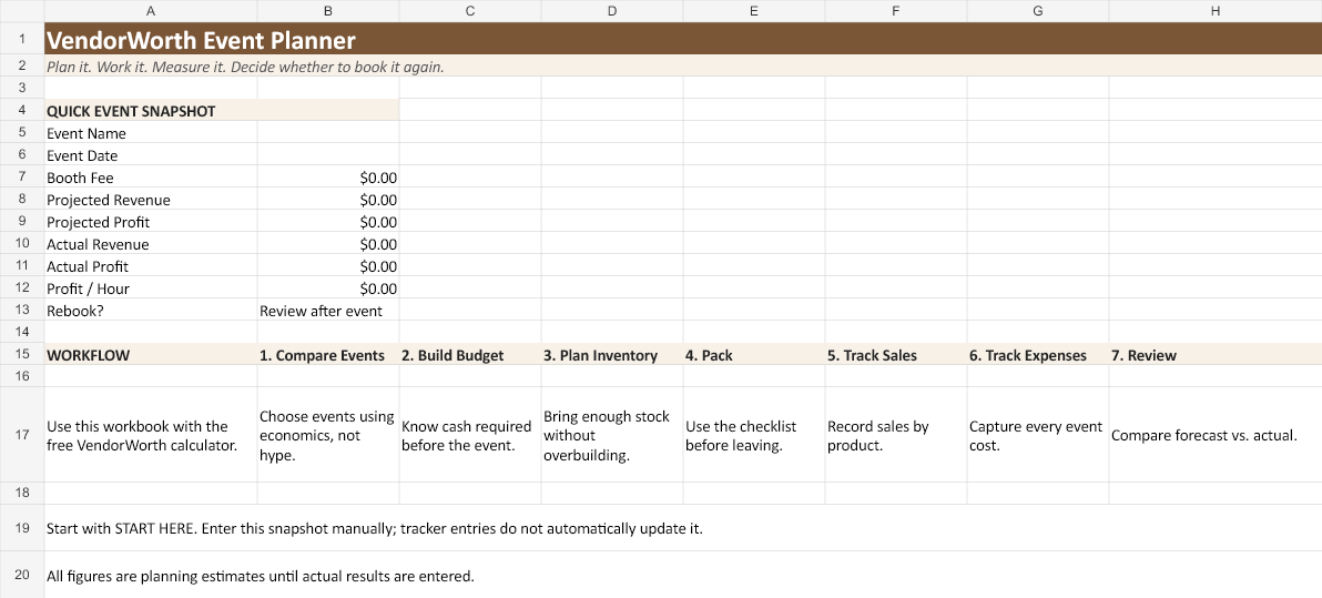 Actual VendorWorth workbook: event snapshot fields and a seven-step planning workflow.